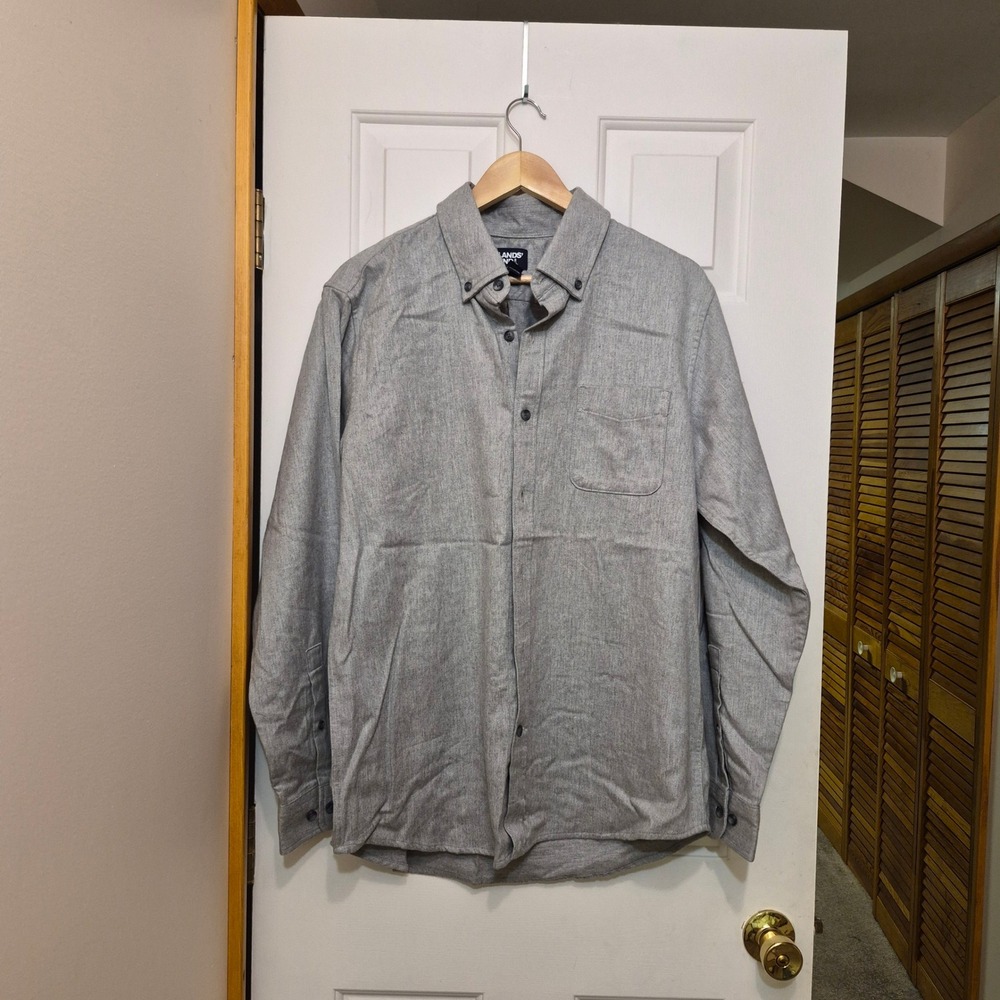 Lands End Mens Large Gray Cotton Flannel Button Down Shirt Traditional Fit L